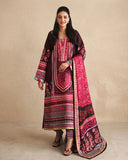 Woman wearing deep purple printed raw silk suit with pink embroidered dupatta border