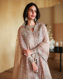 Close-up of floral embroidery on beige luxury pret suit, Zarminay collection