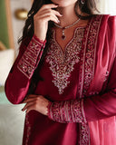 Close-up of neckline and cuff embroidery on magenta pink luxury pret suit, Zarminay collection