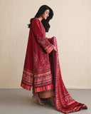 Side view of red printed raw silk suit with striped hem border, adjusting dupatta