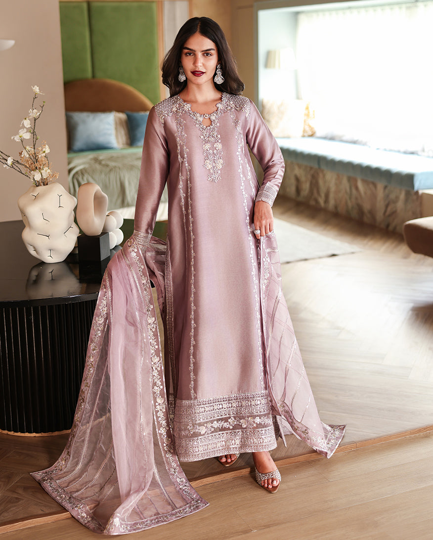 Full-length front view of dusty mauve luxury pret suit with embroidered hem, Zarminay collection