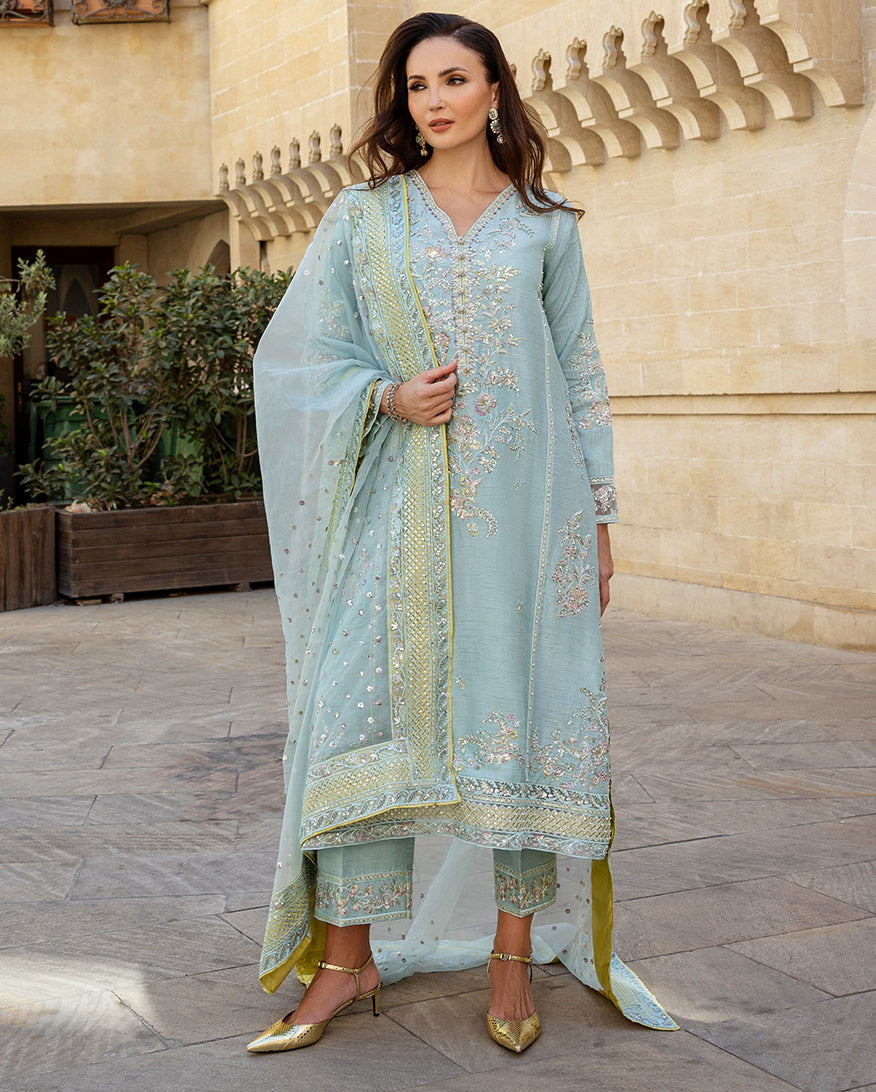 Woman wearing icy blue embroidered Korean raw silk suit holding organza dupatta in courtyard