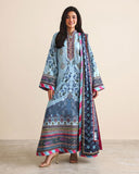 Woman wearing blue printed raw silk suit with pink dupatta border