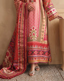 Close-up of embroidered neckline and sleeve cuff on peach printed raw silk suit