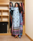 Back view of blue printed raw silk suit reaching into a closet