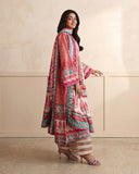 Side view of peach printed raw silk suit with striped trouser and dupatta border