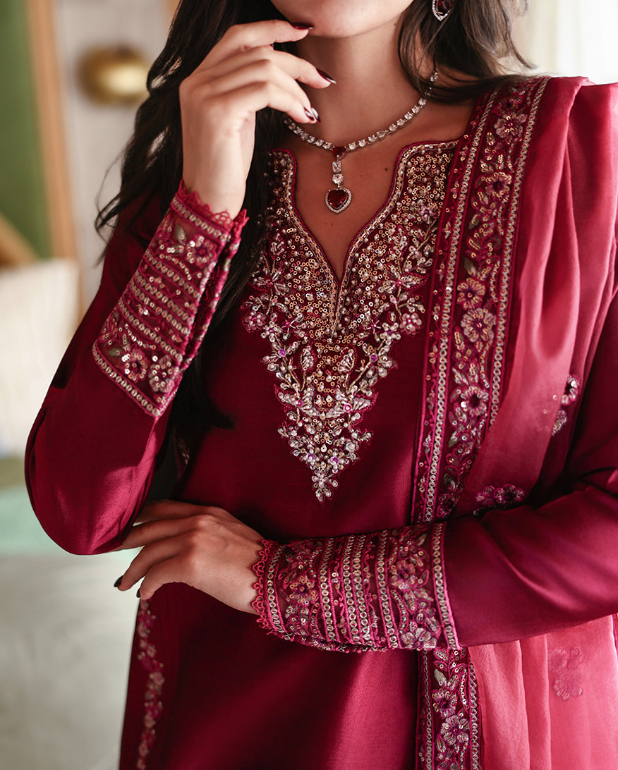 Close-up of neckline and cuff embroidery on magenta pink luxury pret suit, Zarminay collection