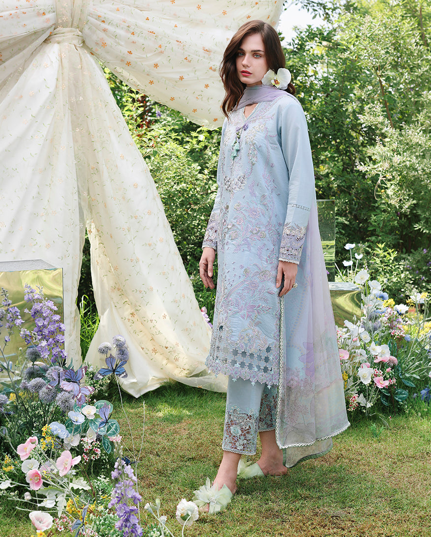 Embroidered lawn unstitched suit in sky blue with floral detailing, Secret Garden collection