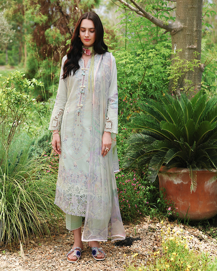 Woman wearing a mint green unstitched lawn suit with floral embroidery, Secret Garden collection