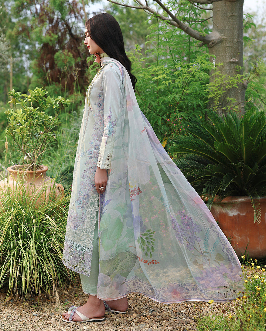 Side view of mint green unstitched lawn suit with floral printed dupatta, Secret Garden collection