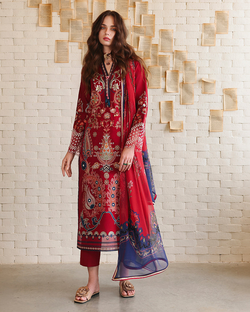 Woman wearing red embroidered lawn suits with paisley print and blue-bordered dupatta, Secret Garden collection