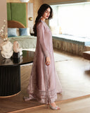 Side view of dusty mauve luxury pret suit with embroidered border, Zarminay collection