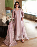 Full-length front view of dusty mauve luxury pret suit with embroidered hem, Zarminay collection