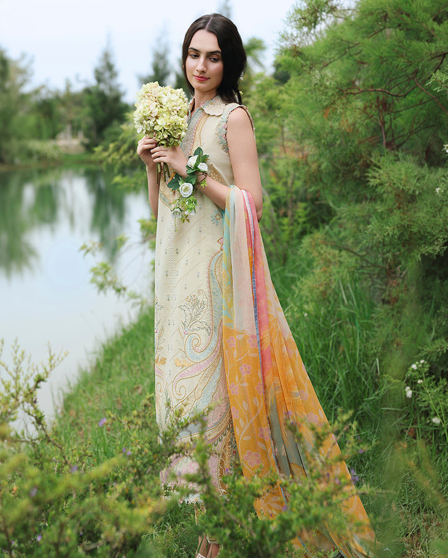 Side view of lemon yellow lawn unstitched collection suit with paisley embroidery and flowing multicolor dupatta, Secret Garden collection