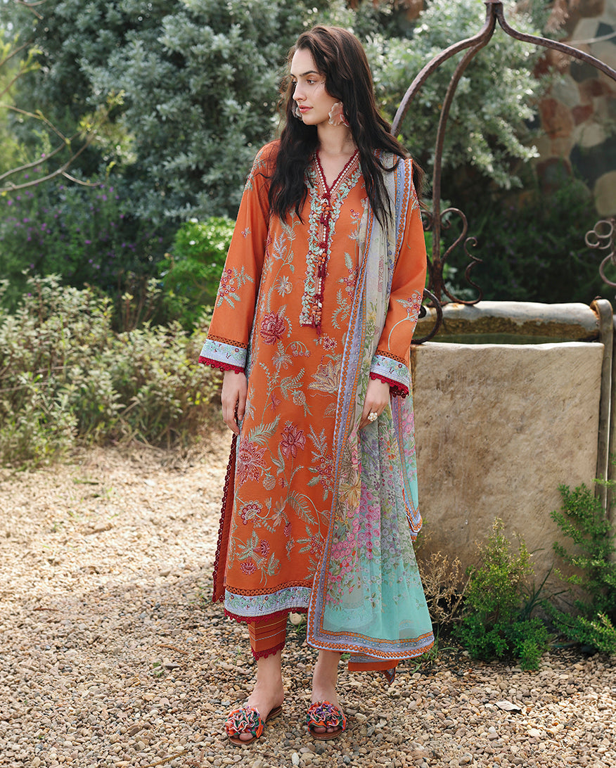 Woman wearing orange floral printed lawn unstitched suit with dupatta, Secret Garden collection