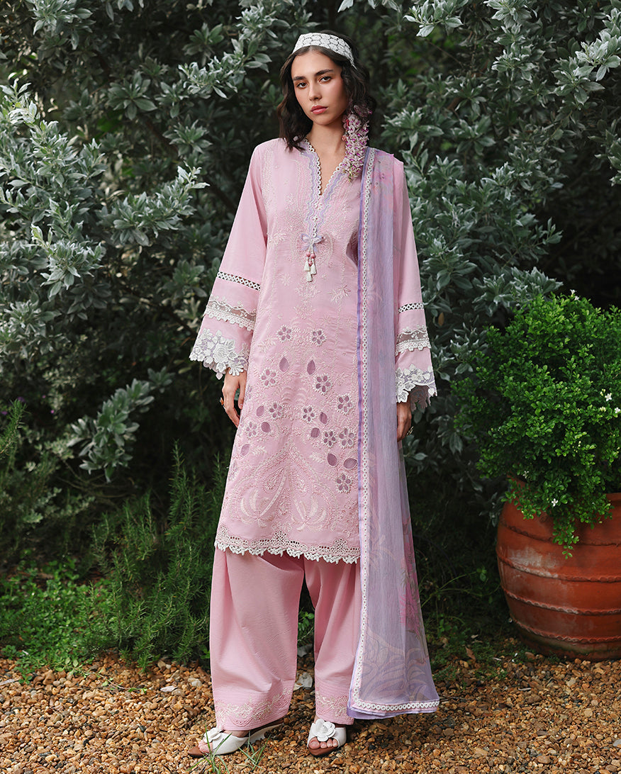 Woman wearing a light pink unstitched lawn suit with embroidered tunic, Secret Garden collection