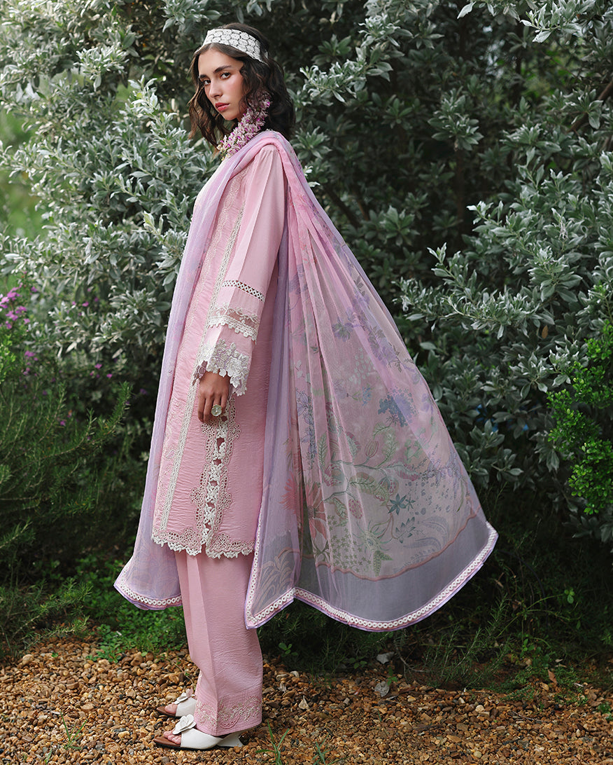 Side view of embroidered lawn unstitched suit in light pink with printed dupatta, Secret Garden collection