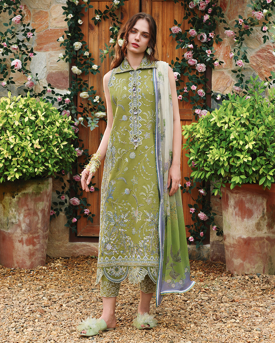 Woman wearing olive green embroidered lawn suits, sleeveless collar style with printed dupatta, Secret Garden collection