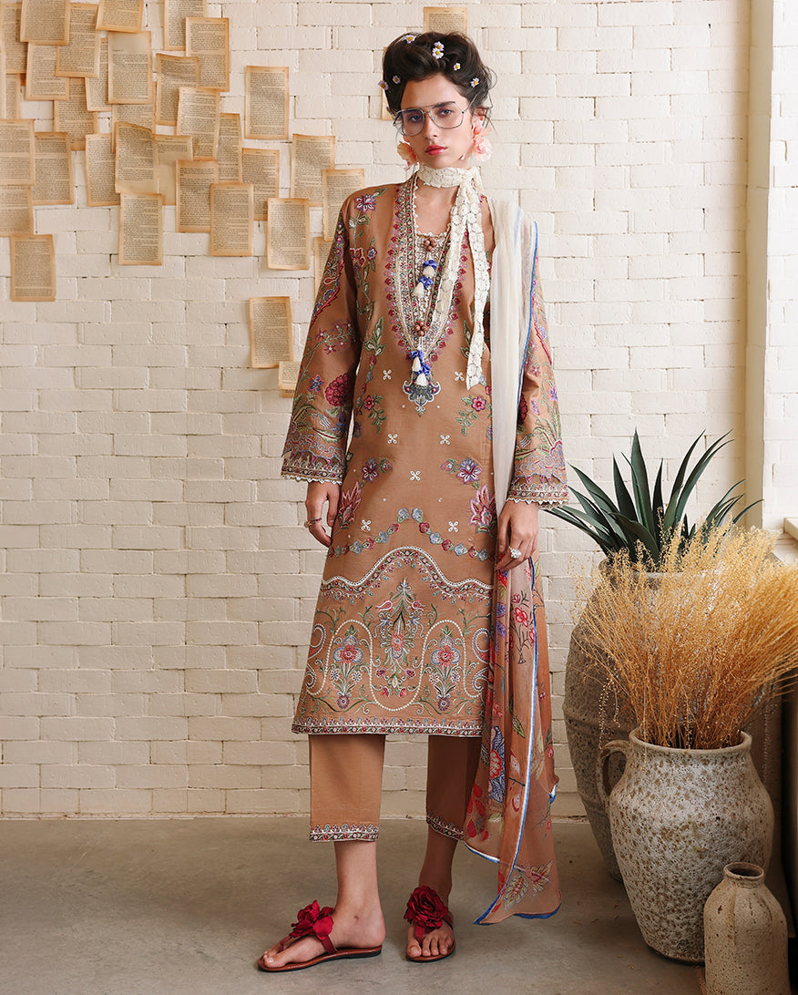 Woman wearing a coffee brown unstitched lawn suit with multicolor embroidery, Secret Garden collection