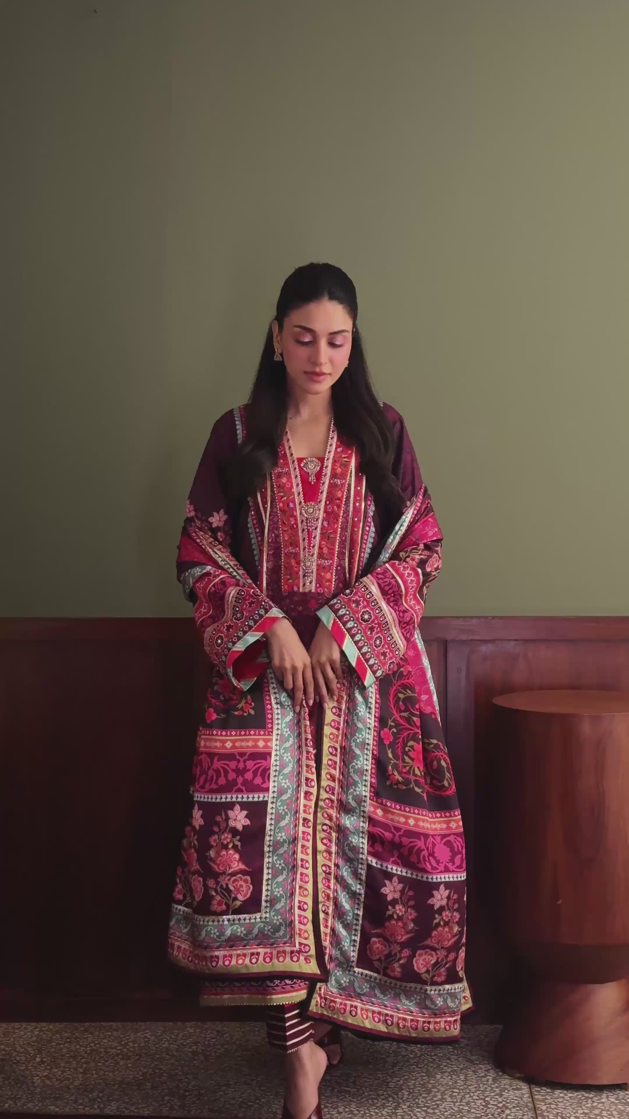 Day Dreamer — Nirvana deep purple printed raw silk suit with layered hemline lace finishing