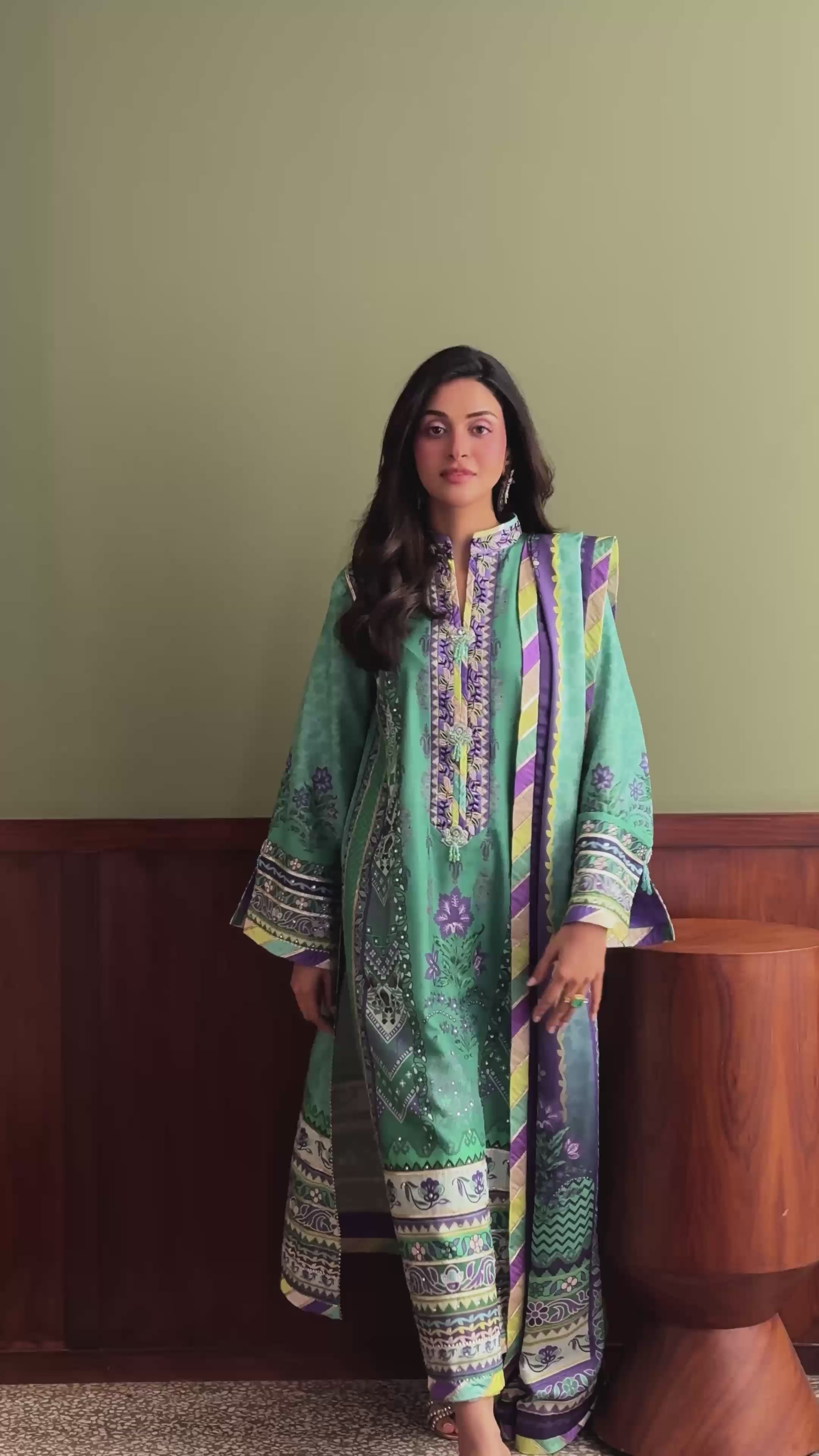 Main Character — Nirvana green printed raw silk suit with layered hemline lace finishing