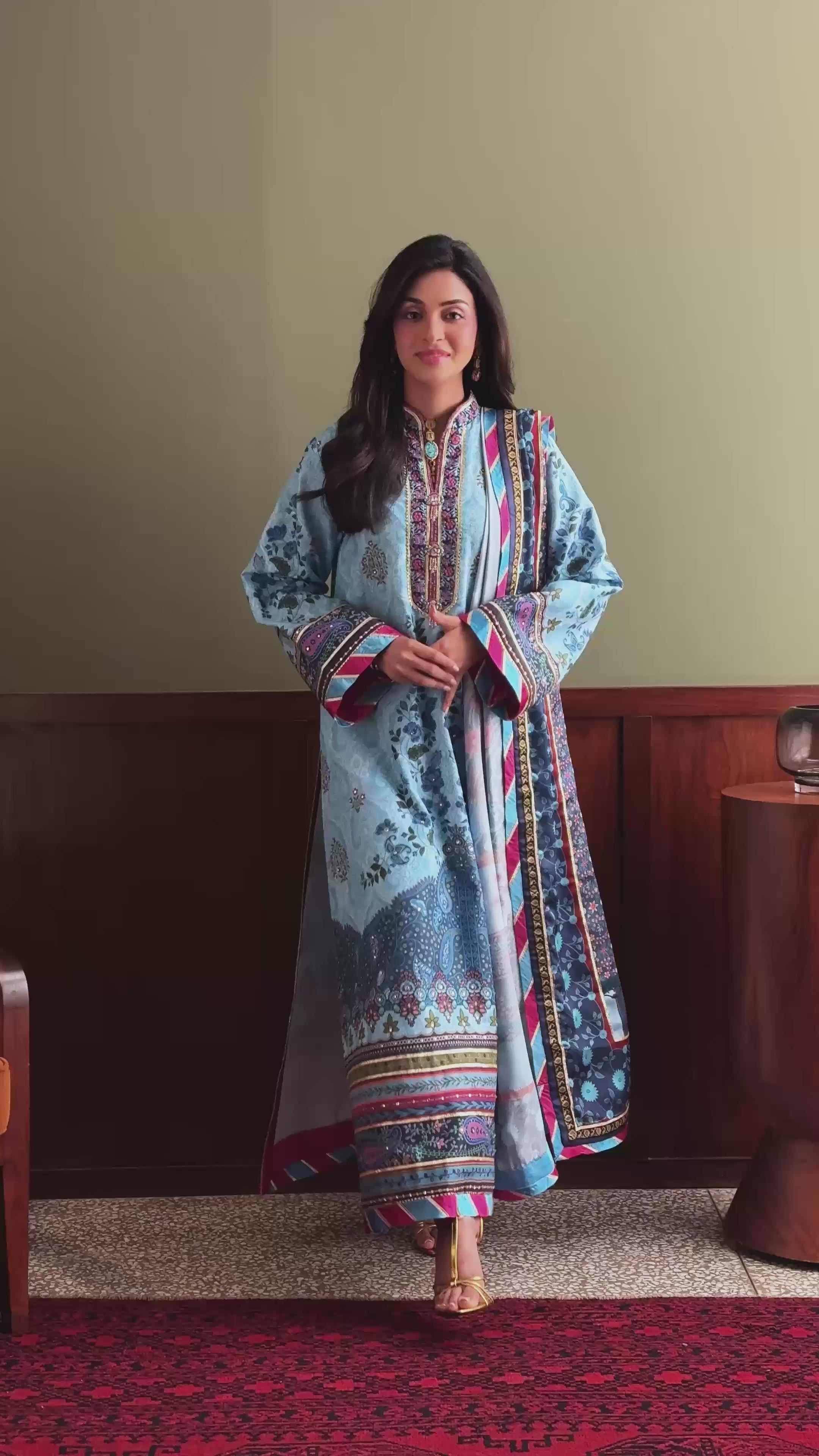 In My Element — Nirvana blue printed raw silk suit with layered hemline lace finishing