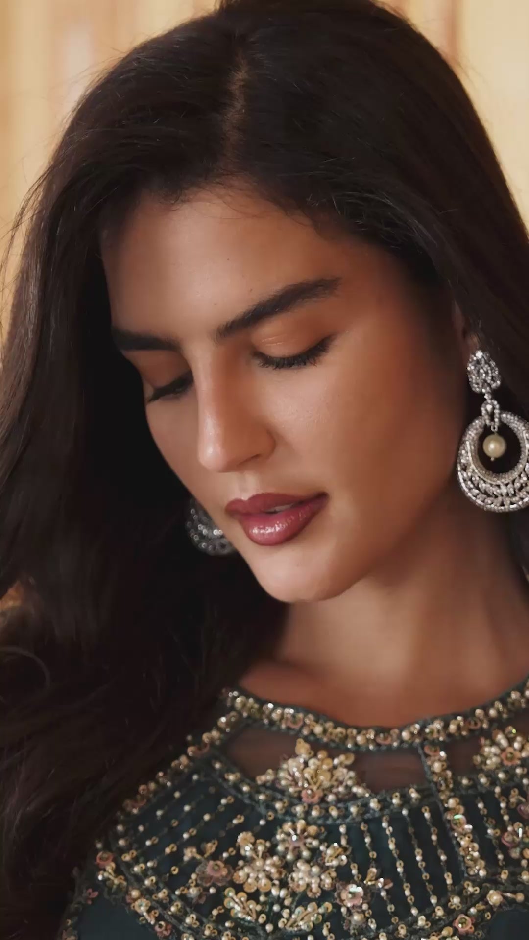 Woman wearing teal green embellished kurta with crystal embroidery, Zarminay | Luxury Pret collection