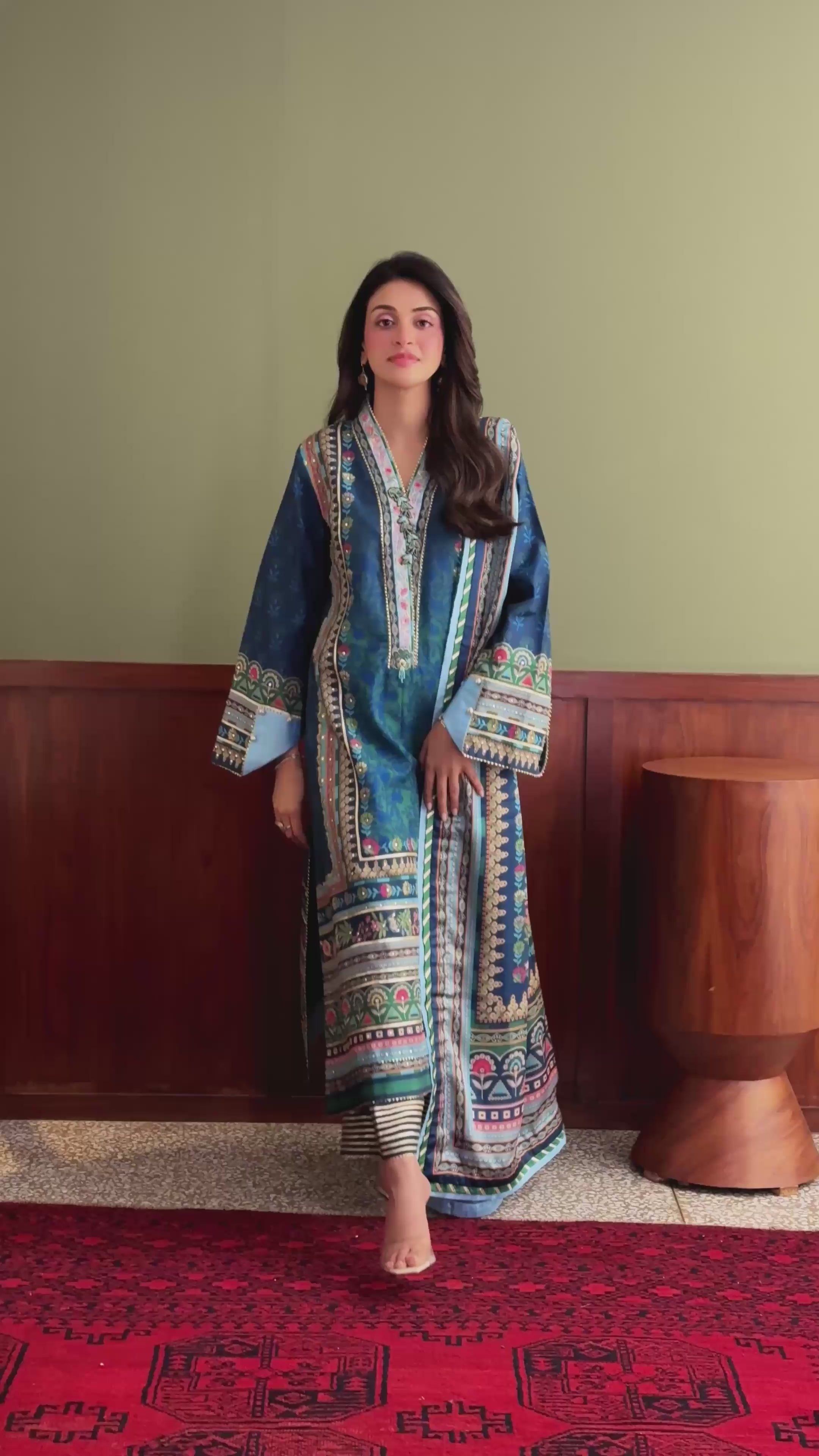 Scene Stealer — Nirvana blue printed raw silk suit with embroidered neckline lace and hand embellished buttons