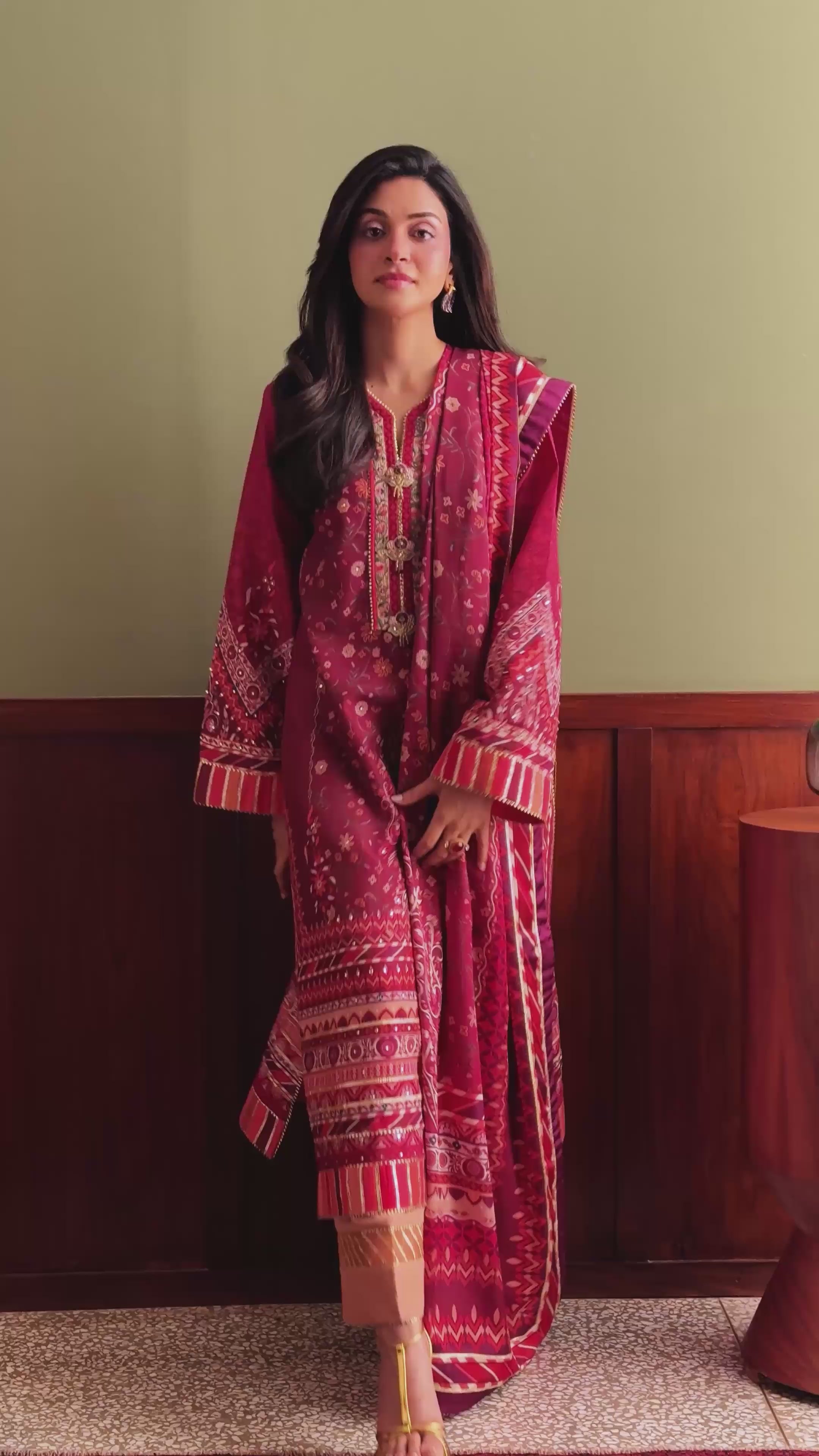 Soft Spotlight — Nirvana red printed raw silk suit with layered hemline lace finishing